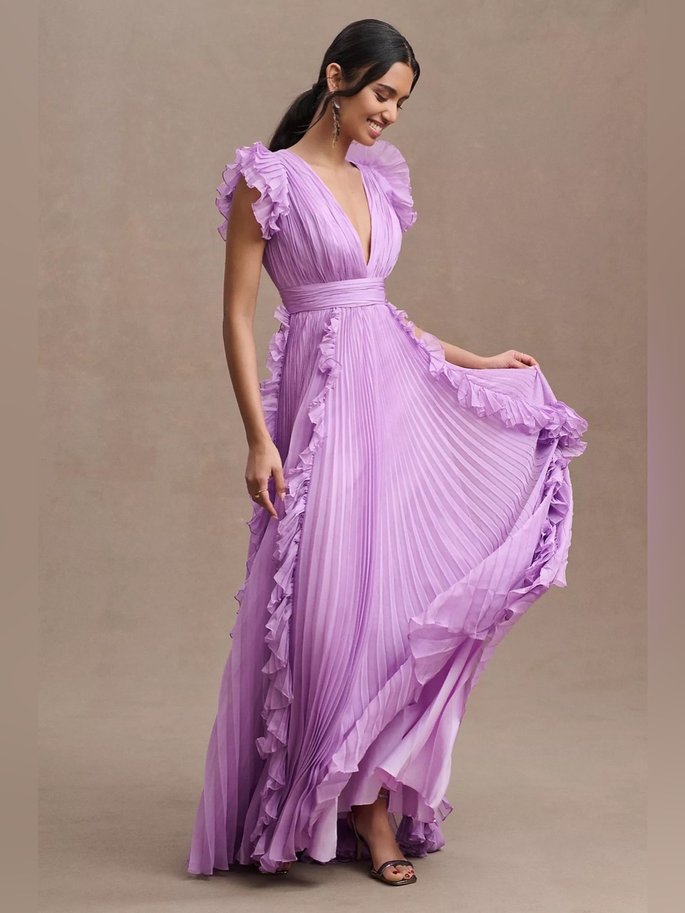 Mac Duggal
Pleated Flutter-Sleeve Deep-V Empire-Waist Gown
